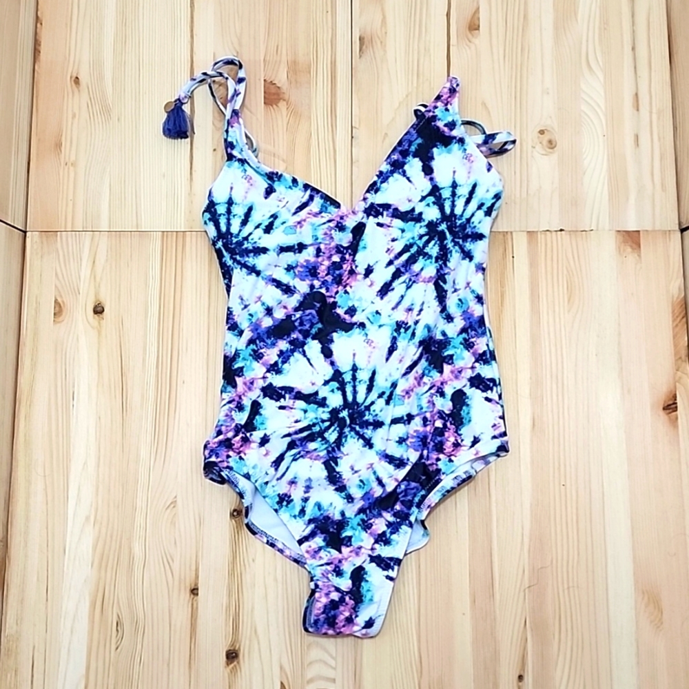 Jessica Simpson V Neck Full Coverage One Piece Swimsuit, White/Pink/Teal
